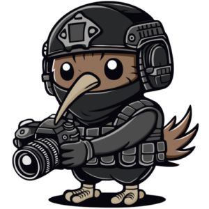 Ein Kiwi in Airsoft Ausrüstung mit einer Kamera in den Händen